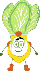 Smiling humanoid bok choy character wearing a Denree's red and yellow costume