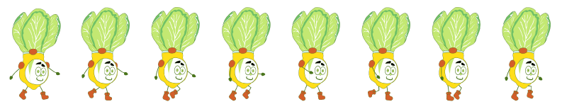 Walking humanoid bok choy character wearing a Denree's red and yellow costume
