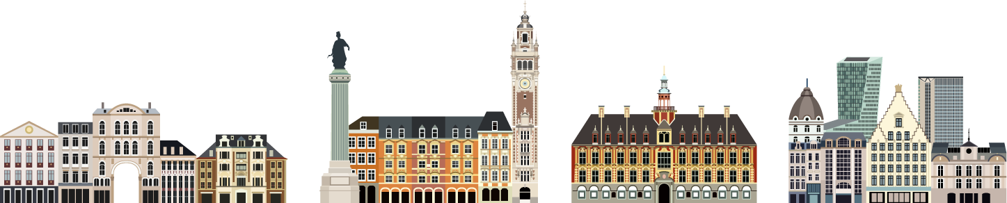 Street level horizontal skyline of Lille illustrating it's emblematic historic and modern buildings